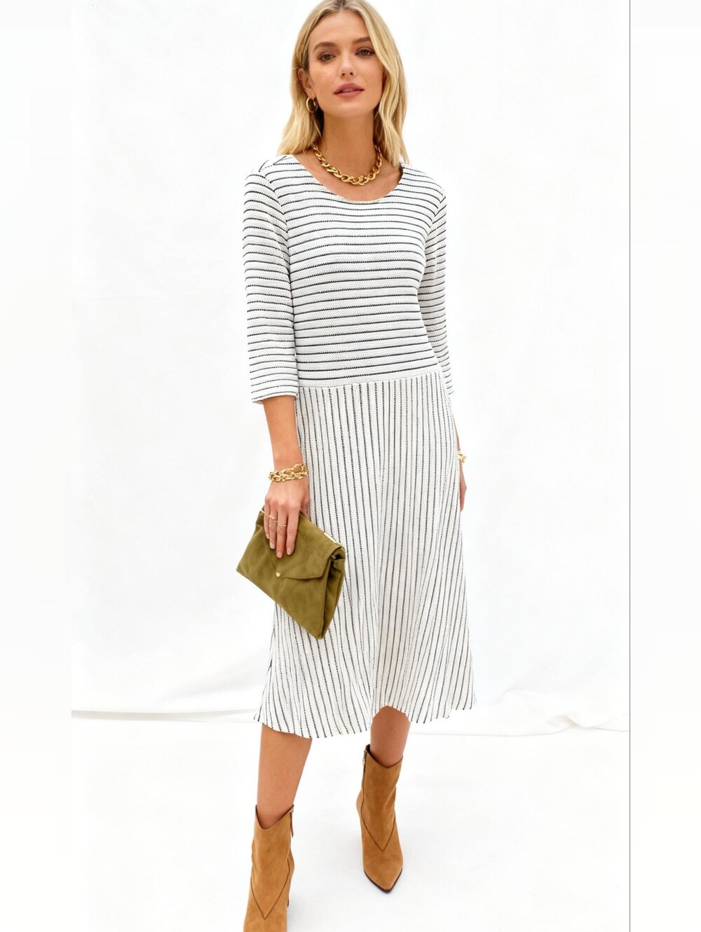 Marc O'Polo Striped 3/4-Sleeve Midi Dress Size M